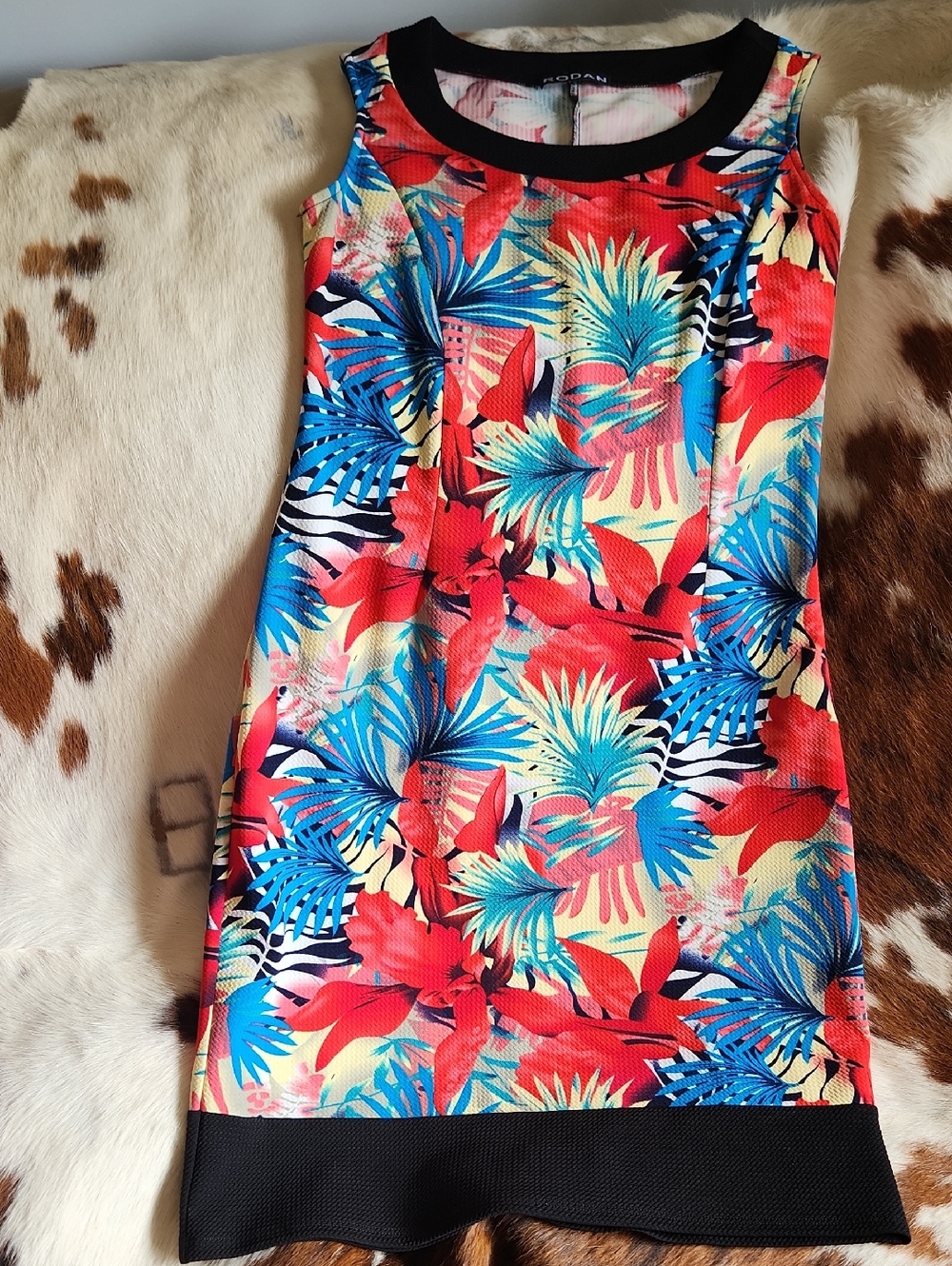Rodan Colorful Tropical Print Dress with Black Trim Sz MED